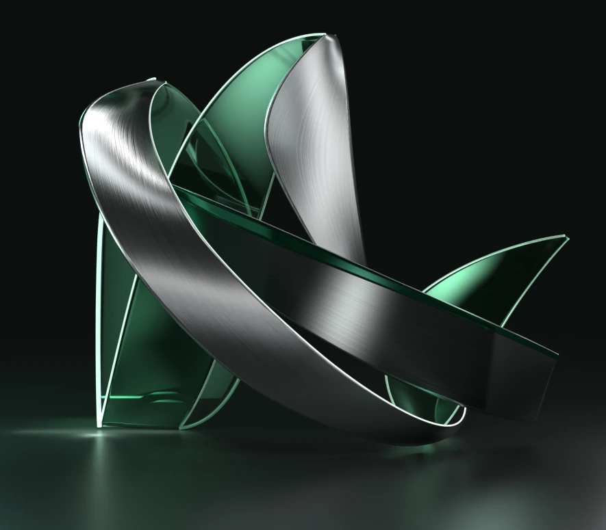 Escultura de cintas de metal cepillado y vidrio verde de Next Evolution